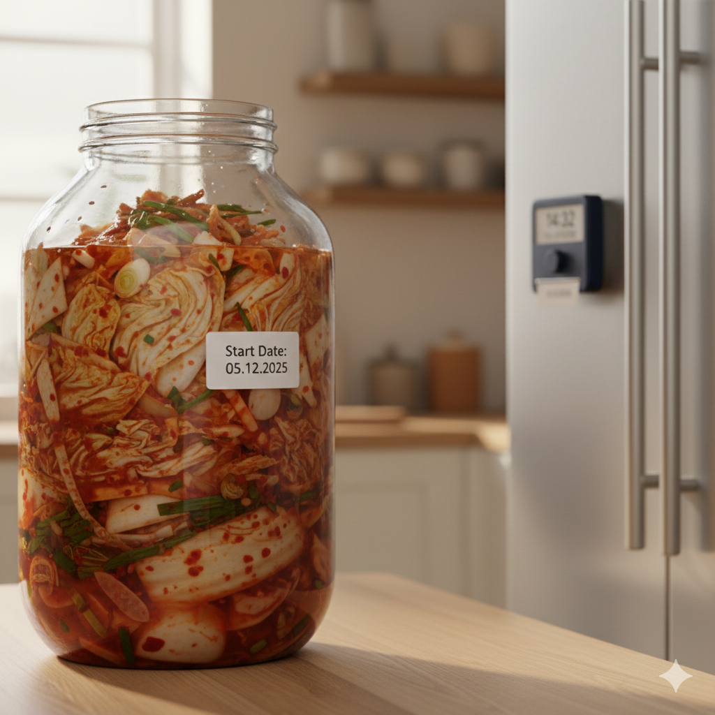 Glass med kimchi merket med startdato