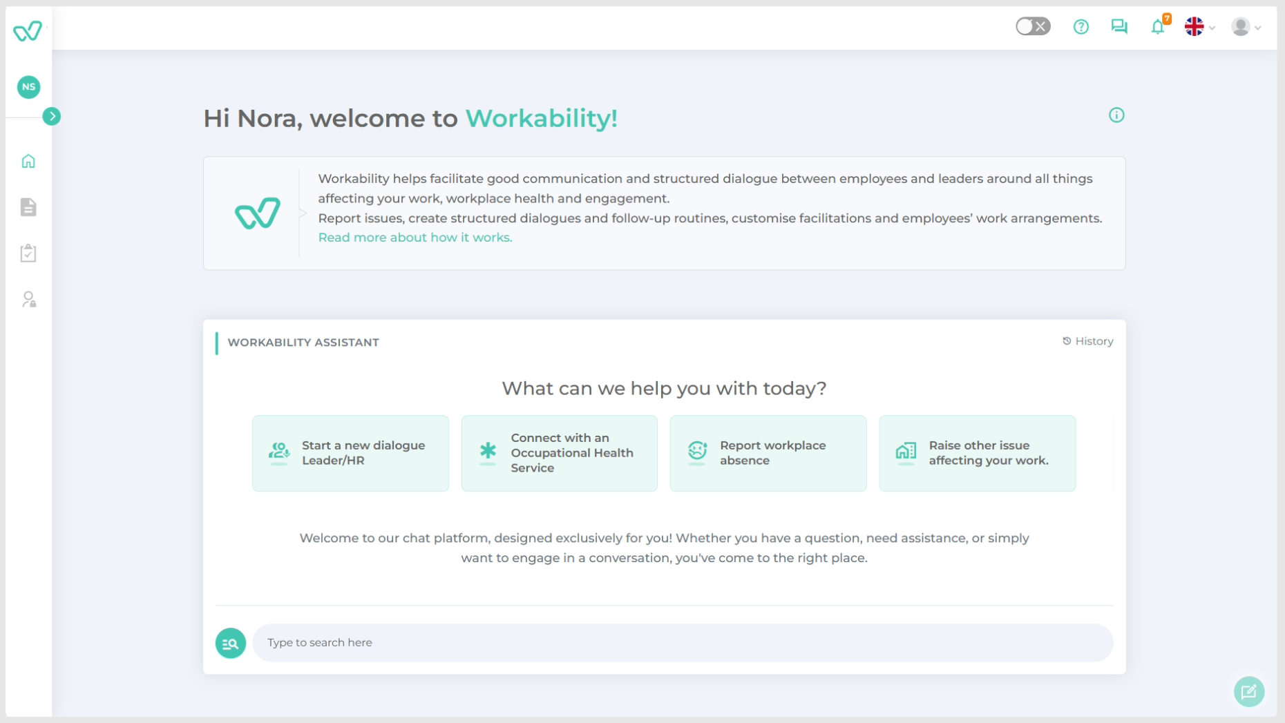 Landingsside med Workability-assistenten